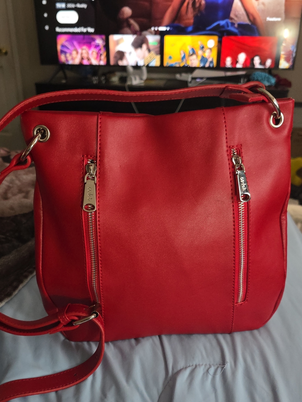 Chic Red Women's Shoulder Bag with Dual Front Zippers